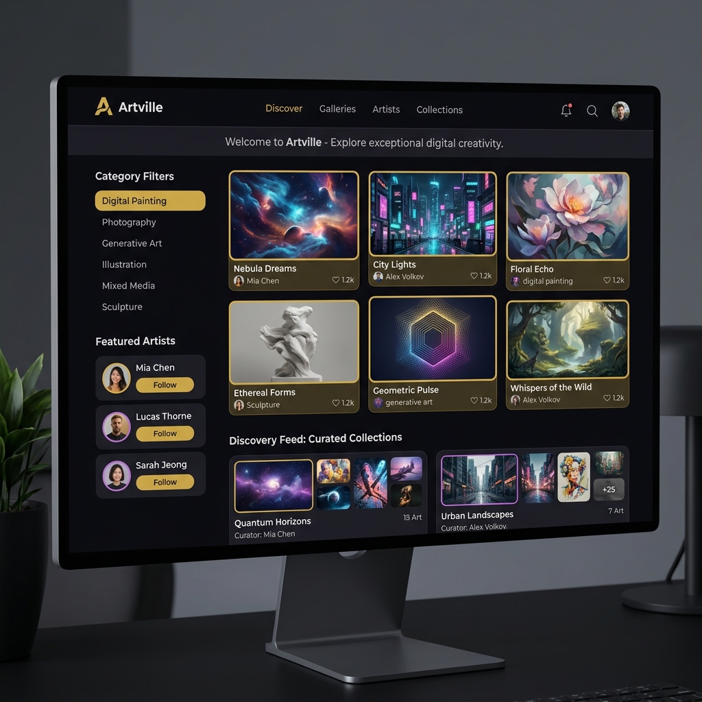 Artville — creative digital platform with gallery grid and artist profiles