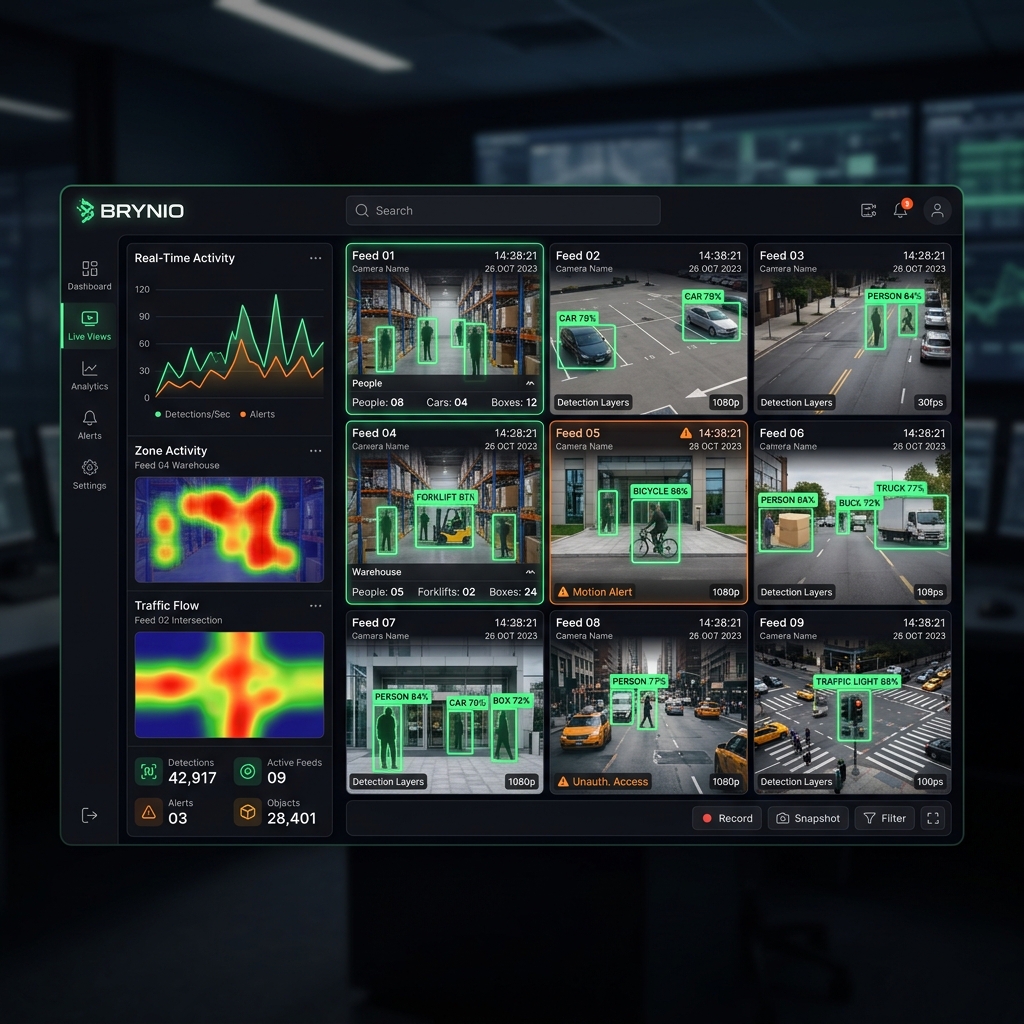 Brynio — AI camera analytics with detection overlays and heatmap visualization