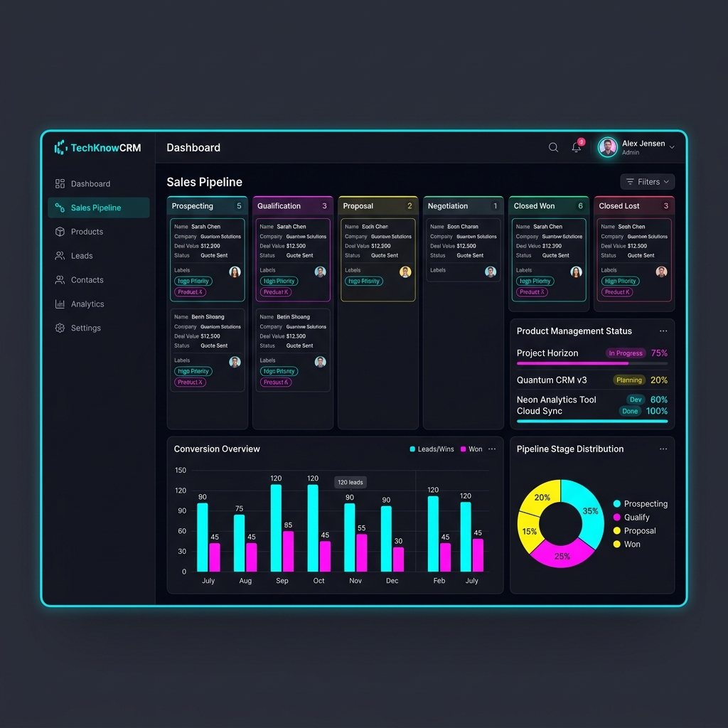 CRM dashboard with kanban pipeline, lead cards, and conversion analytics