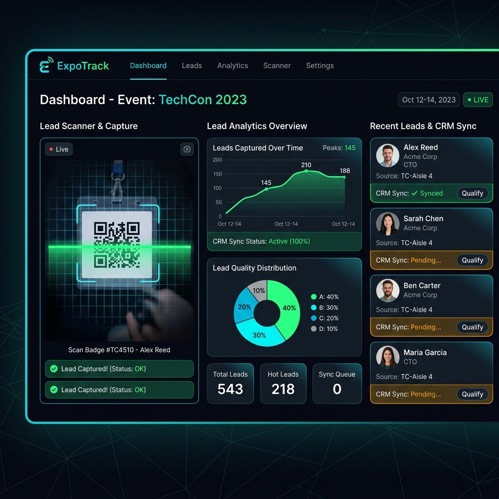 ExpoTrack — lead capture app with QR scanner and CRM dashboard