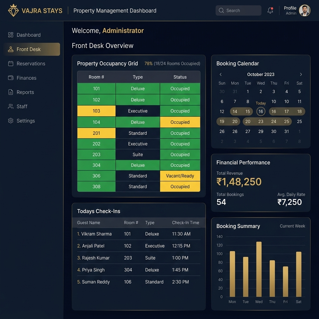 Hotel management dashboard with room grid, guest list, and billing