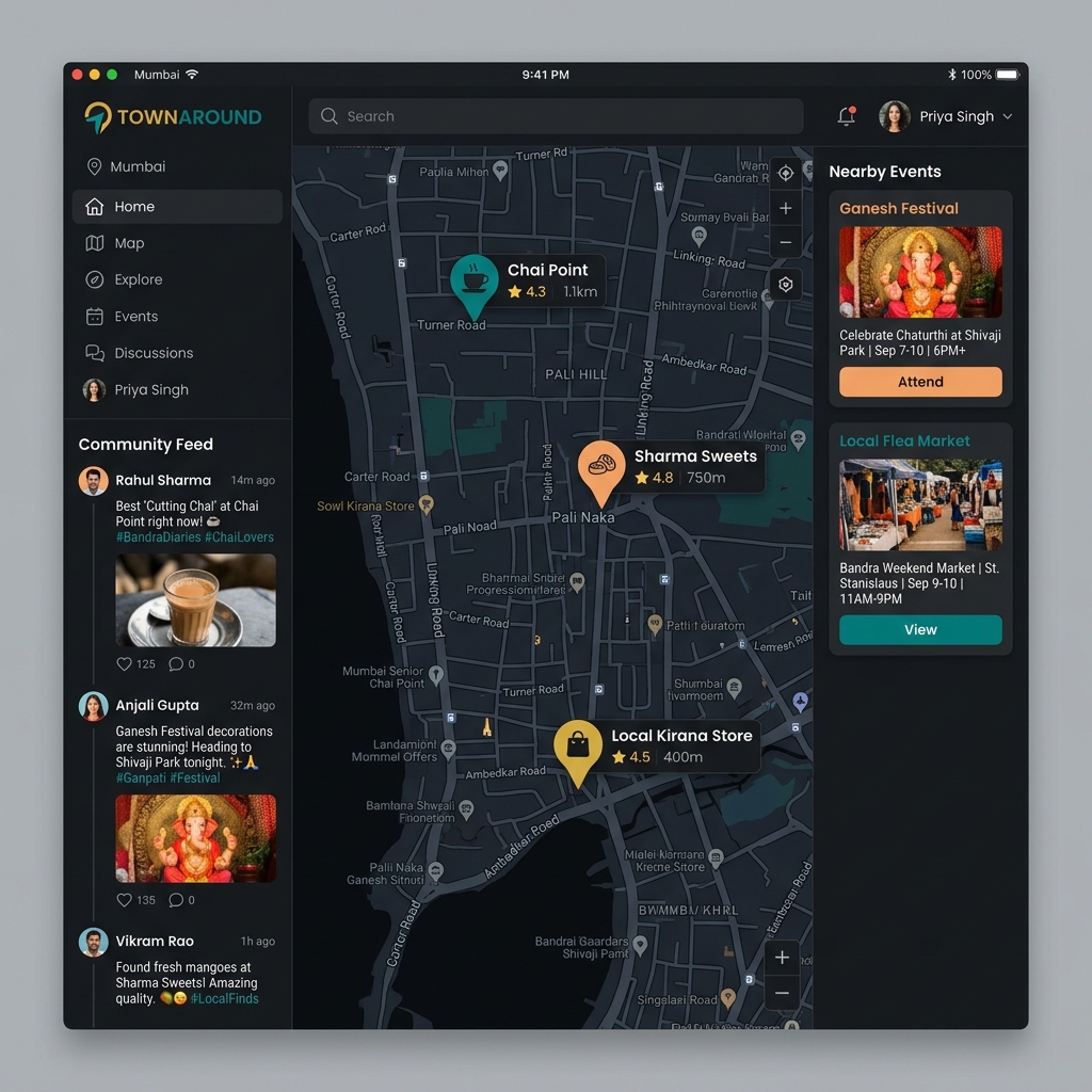 TownAround — hyperlocal discovery platform with map view and community feed